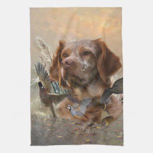French Brittany, Bird Hunting Art  Kitchen Towel
