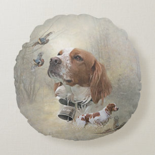 French Brittany, Bird Hunting Art Round Pillow