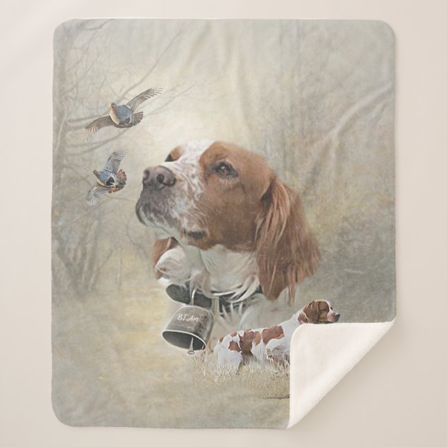 French Brittany, Bird Hunting Art  Sherpa Blanket (Front)