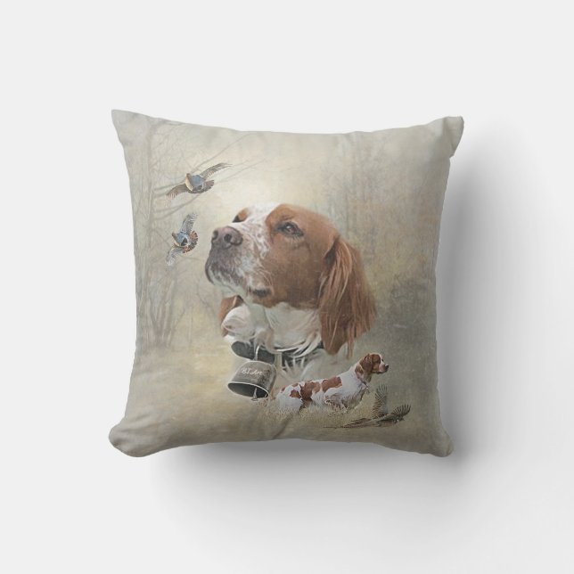 French Brittany, Bird Hunting Art  Throw Pillow (Front)