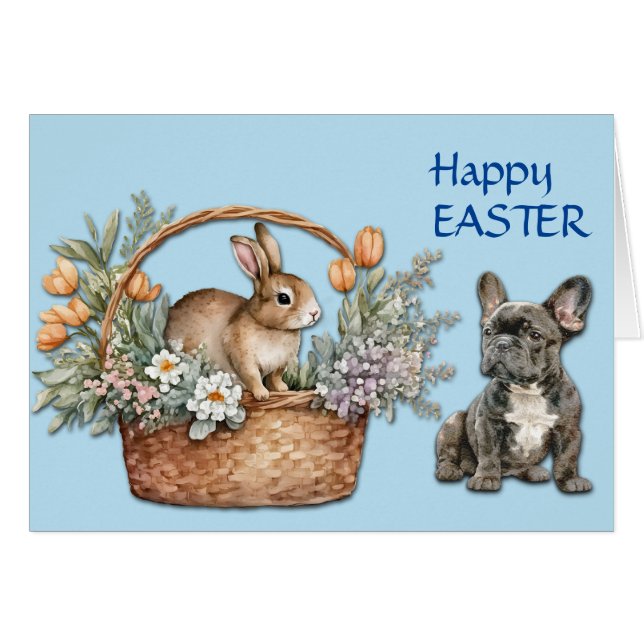 French Bulldog and Bunny Basket Easter Card (Front Horizontal)