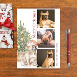 French Bulldog and Christmas Tree Pet Dog Photo Holiday Card<br><div class="desc">This beautiful French Bulldog themed Christmas card features a Frenchie wearing a Santa hat sitting in front of a lit Christmas tree. The greeting on the card reads "Merry Christmas" and can be personalized. Further personalize this holiday card with three photos of your pet dog, a signature and the year....</div>