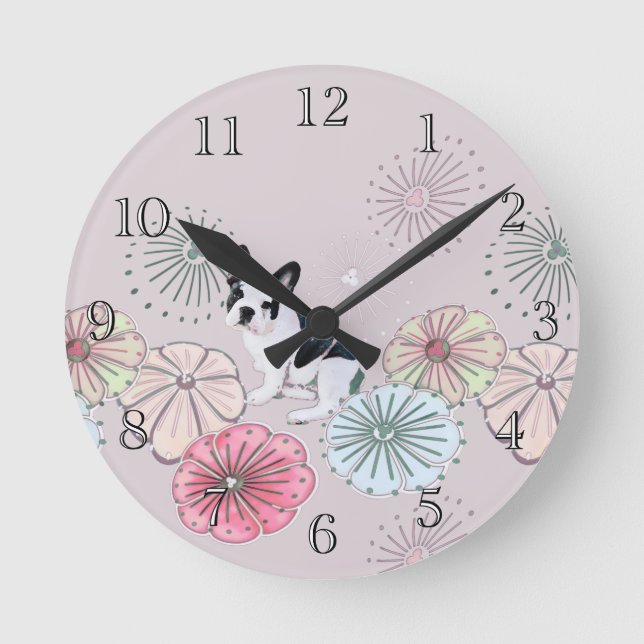 French Bulldog and Flowers Round Clock (Front)