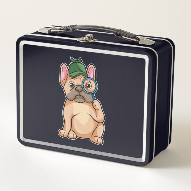 French bulldog as Detective with Magnifying glass Metal Lunch Box (Front)