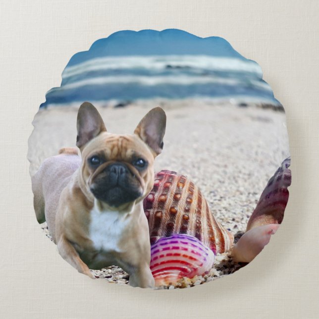 French Bulldog at the Beach Throw Pillow (Front)
