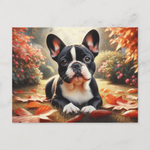 French Bulldog Autumn Leaves Art Postcard