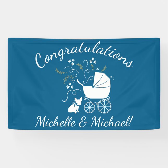 French Bulldog Baby Shower Frenchy Frenchie Blue Banner (Horizontal)