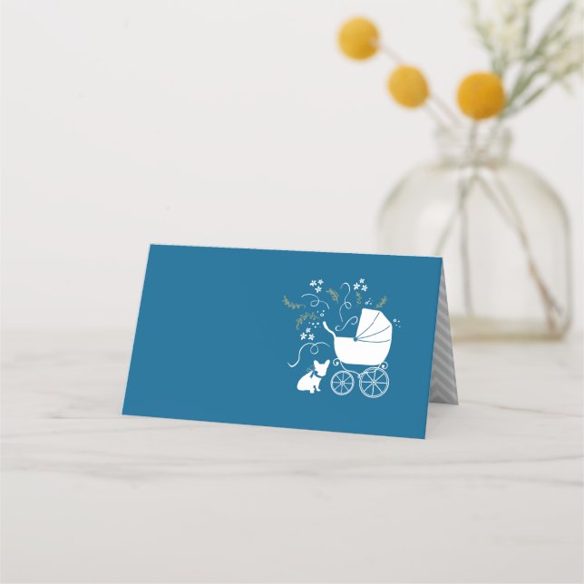French Bulldog Baby Shower Frenchy Frenchie Blue Place Card (Front)