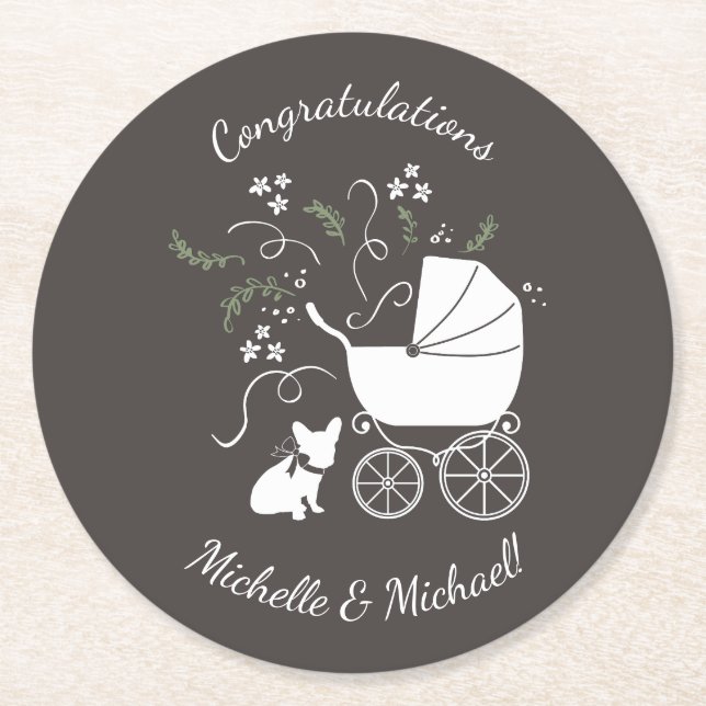 French Bulldog Baby Shower Grey Round Paper Coaster (Front)