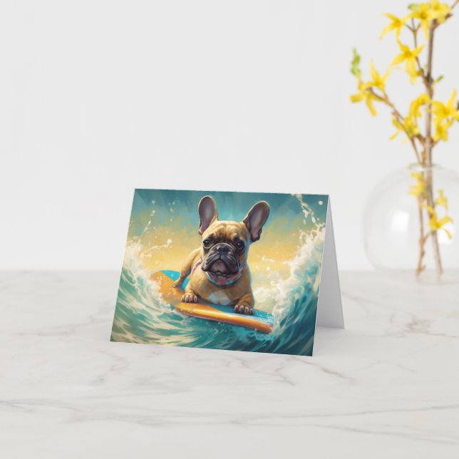 French Bulldog Beach Surfing Painting  Card (Yellow Flower)