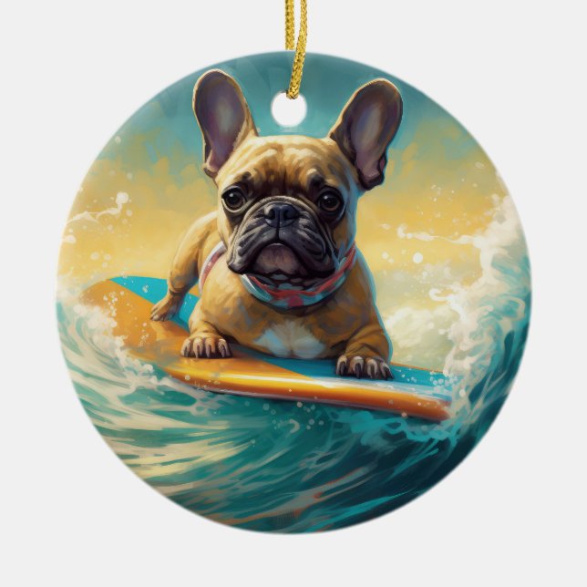 French Bulldog Beach Surfing Painting  Ceramic Ornament (Front)