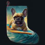 French Bulldog Beach Surfing Painting  Small Christmas Stocking<br><div class="desc">Immerse yourself in the playful world of canine adventure with this captivating painting. A spirited dog takes to the waves, skilfully riding the surf on a sun-kissed beach. The vibrant artwork beautifully captures the essence of beachside excitement as the dog fearlessly rides the waves, embodying the spirit of fun and...</div>