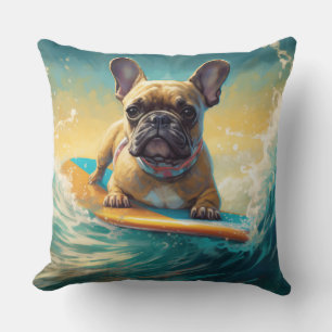 French Bulldog Beach Surfing Painting Throw Pillow