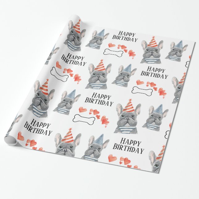 French Bulldog Birthday Wrapping Paper (Unrolled)