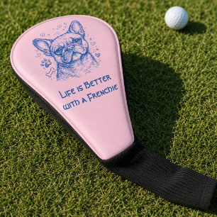 French Bulldog blue lineart doodle frenchie pink Golf Head Cover