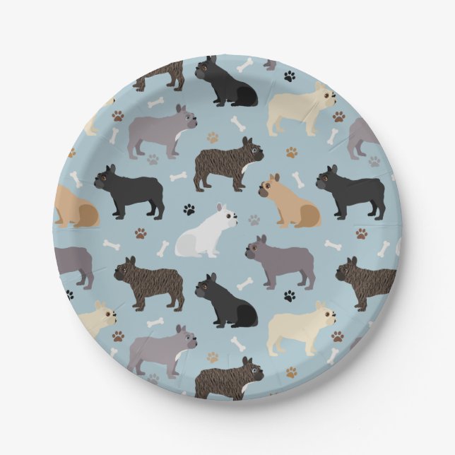 French Bulldog Bones and Paws Blue Paper Plate (Front)