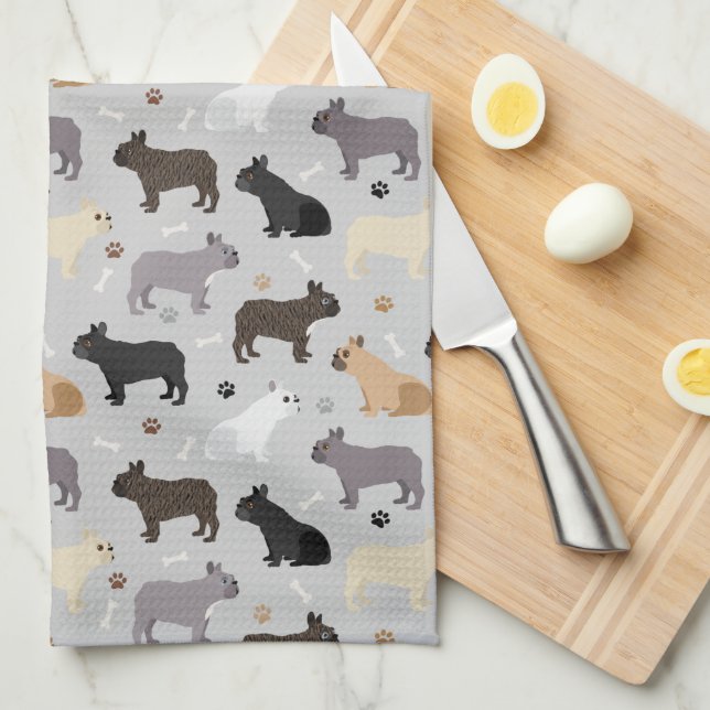 French Bulldog Bones and Paws Grey Kitchen Towel (Quarter Fold)