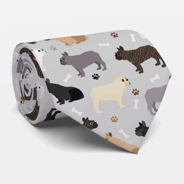 French Bulldog Bones and Paws Grey Tie (Rolled)