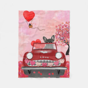 French Bulldog Car with Hearts Valentine's  Fleece Blanket