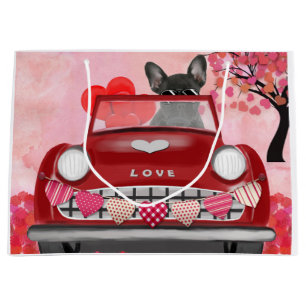 French Bulldog Car with Hearts Valentine's Large Gift Bag