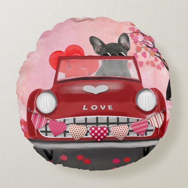 French Bulldog Car with Hearts Valentine's  Round Pillow (Front)