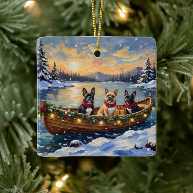 French Bulldog Christmas Boat Holiday Ceramic Ornament (Tree)
