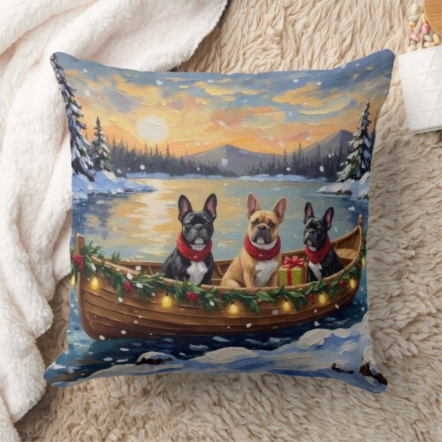 French Bulldog Christmas Boat Holiday Throw Pillow (Blanket)