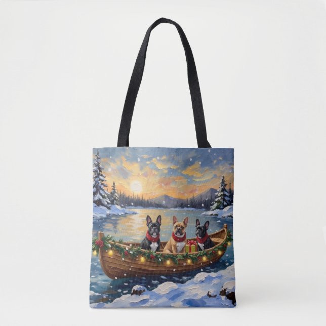 French Bulldog Christmas Boat Holiday Tote Bag (Front)
