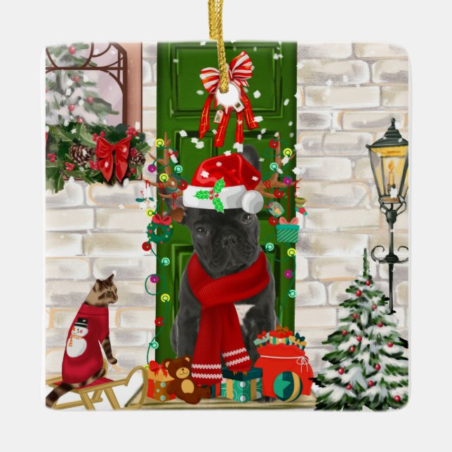 French Bulldog Christmas  Ceramic Ornament (Front)