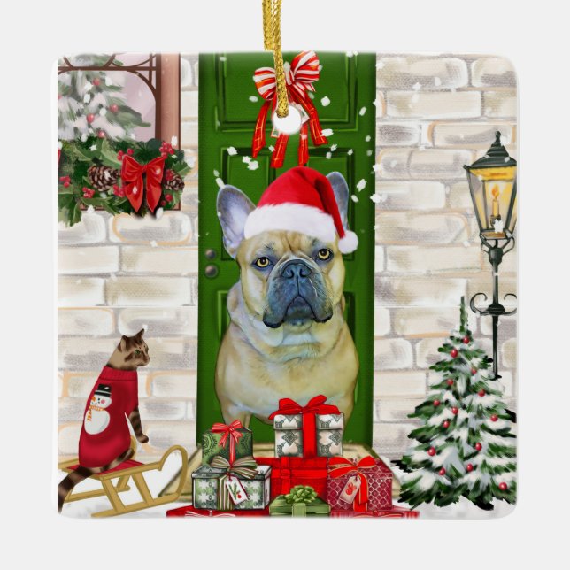 French Bulldog Christmas  Ceramic Ornament (Front)