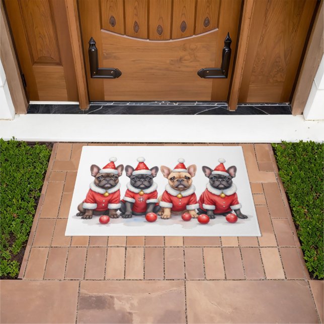 French Bulldog Christmas Dress Santa Hat Doormat (Outdoor)