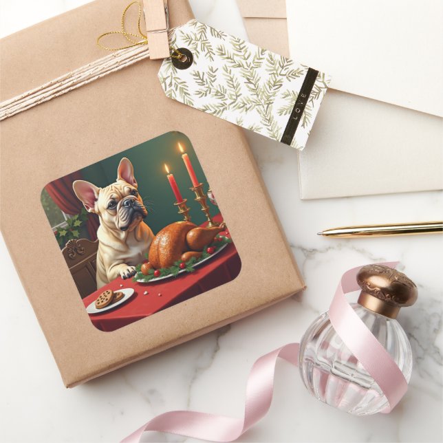 French Bulldog Christmas Eve Feast Painting Square Sticker (Gifting)