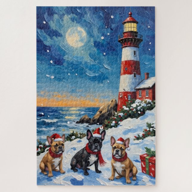 French Bulldog Christmas Lighthouse Holiday Jigsaw Puzzle (Vertical)