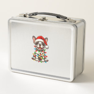 French Bulldog Christmas Lights Santa Hat Boys Gir Metal Lunch Box