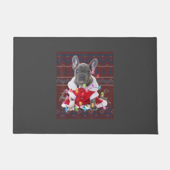 French Bulldog Christmas Lights Ugly Sweater Dog Doormat (Front)