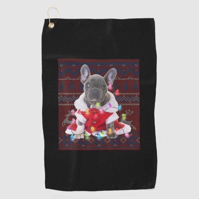 French Bulldog Christmas Lights Ugly Sweater Dog Golf Towel (Front)