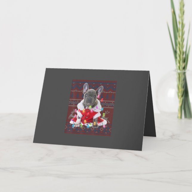 French Bulldog Christmas Lights Ugly Sweater Dog Holiday Card (Front)