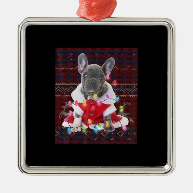 French Bulldog Christmas Lights Ugly Sweater Dog Metal Ornament (Front)
