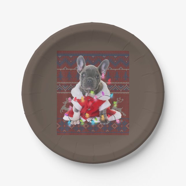 French Bulldog Christmas Lights Ugly Sweater Dog Paper Plate (Front)