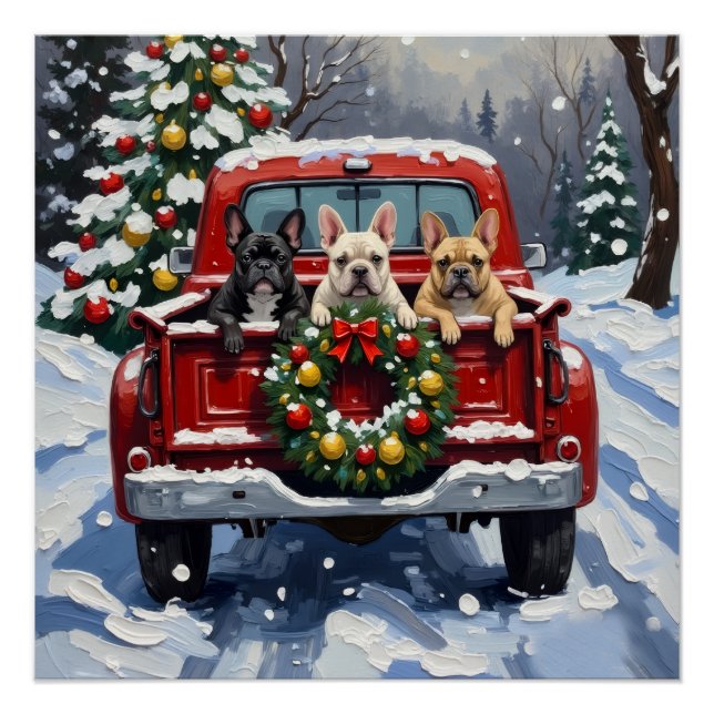 French Bulldog Christmas Red Truck Holiday Poster (Front)