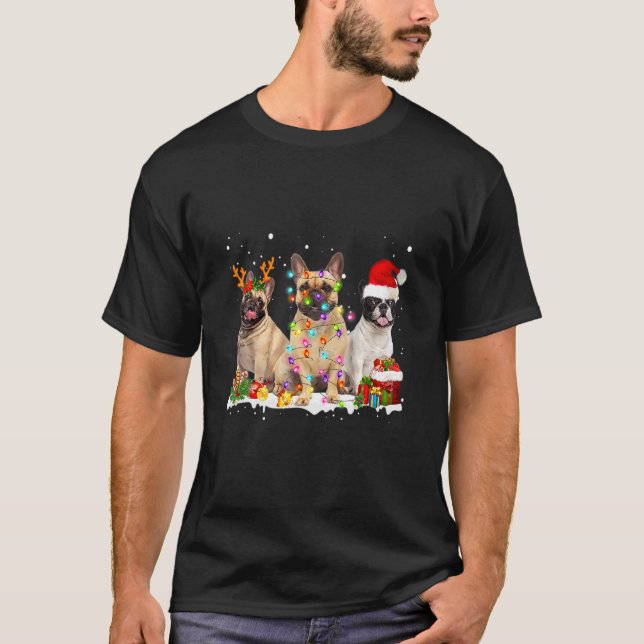 French Bulldog Christmas Reindeer Lights Graphic T-Shirt (Front)