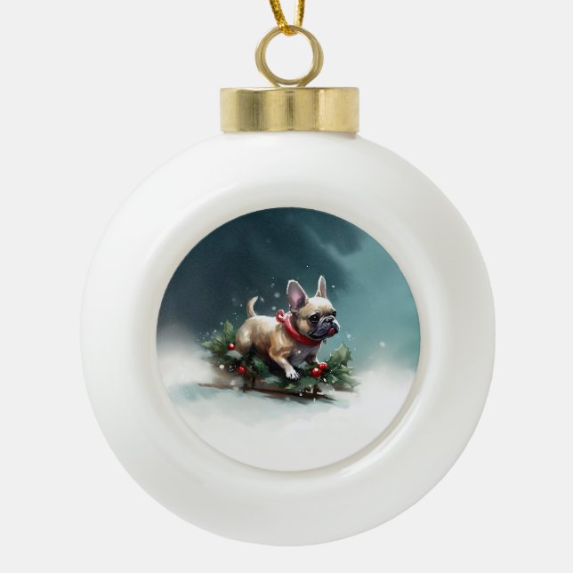 French Bulldog Christmas snow winter  Ceramic Ball Christmas Ornament (Front)