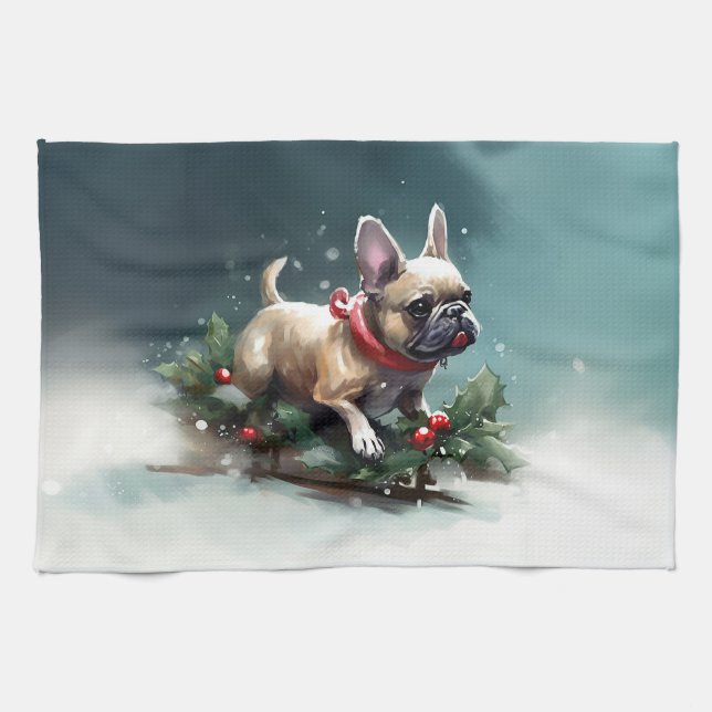 French Bulldog Christmas snow winter  Kitchen Towel (Horizontal)