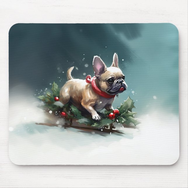 French Bulldog Christmas snow winter  Mouse Pad (Front)
