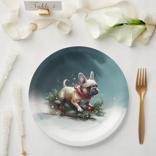 French Bulldog Christmas snow winter  Paper Plate (Wedding)