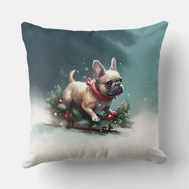 French Bulldog Christmas snow winter  Throw Pillow (Back)