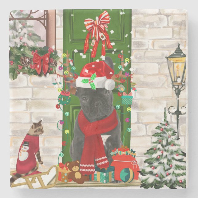 French Bulldog Christmas Stone Coaster (Front)