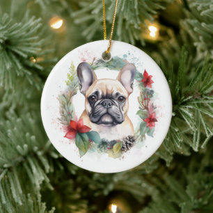 French Bulldog Christmas Wreath Festive Pup Ceramic Ornament