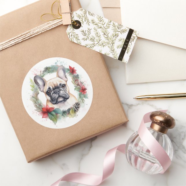 French Bulldog Christmas Wreath Festive Pup Classic Round Sticker (Gifting)