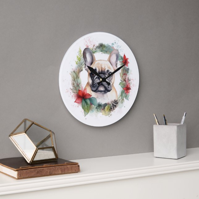 French Bulldog Christmas Wreath Festive Pup Large Clock (Office)